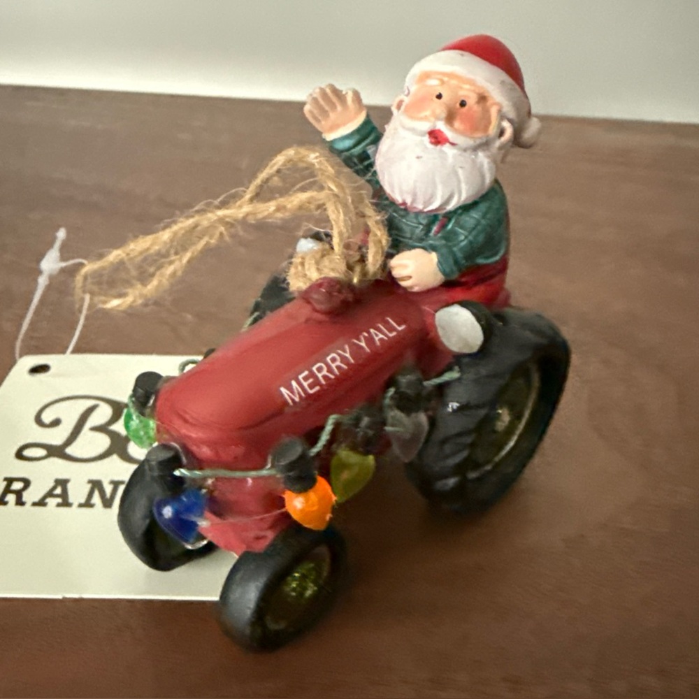 Santa Lawnmower Christmas ornament Boot Barn with string lights “merry Y’all”